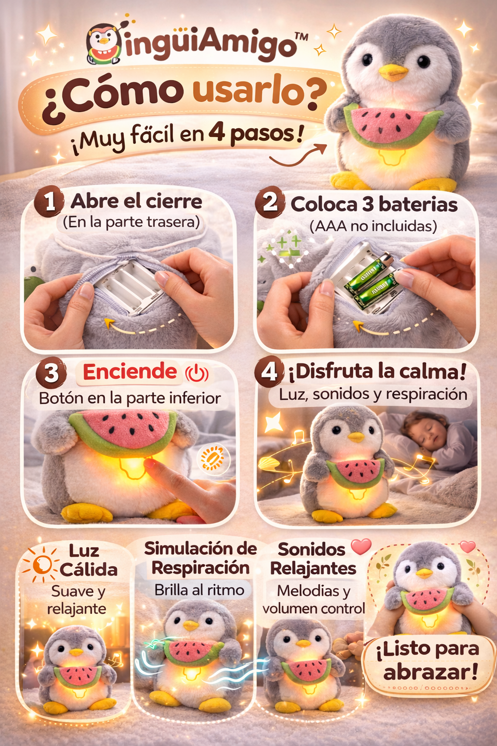 PingüiAmigo - Peluche Terapéutico con Luz, Respiración Rítmica y Melodía