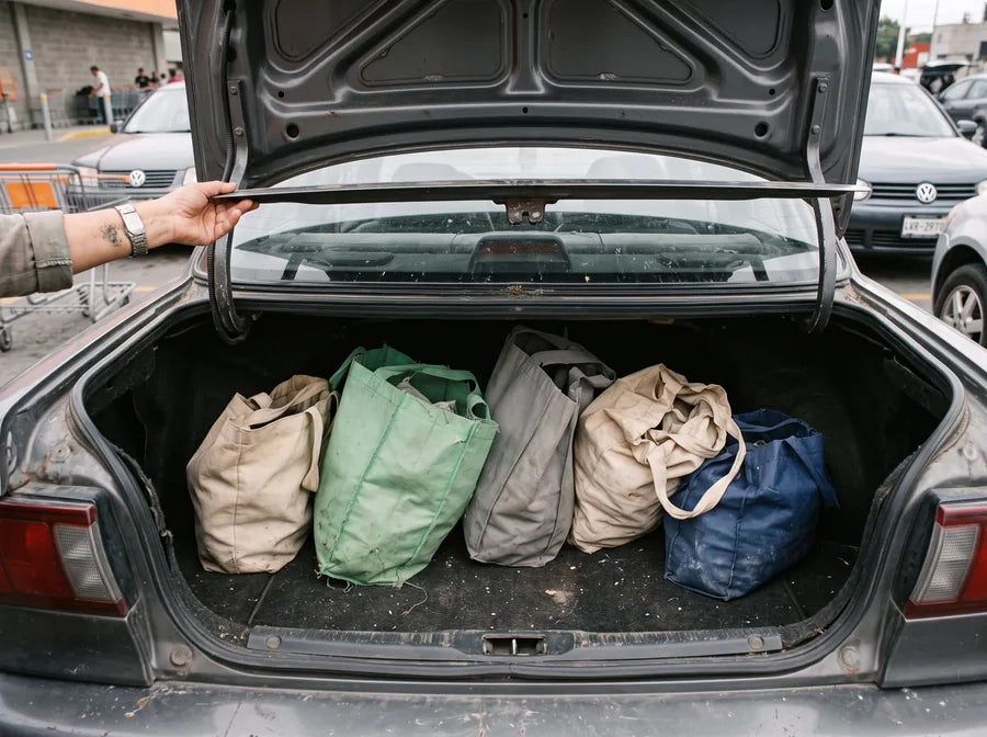 Bolsas reutilizables olvidadas en la cajuela del coche