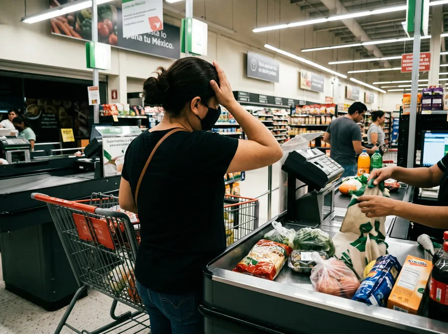 Mujer en la caja del supermercado dándose cuenta de que olvidó las bolsas