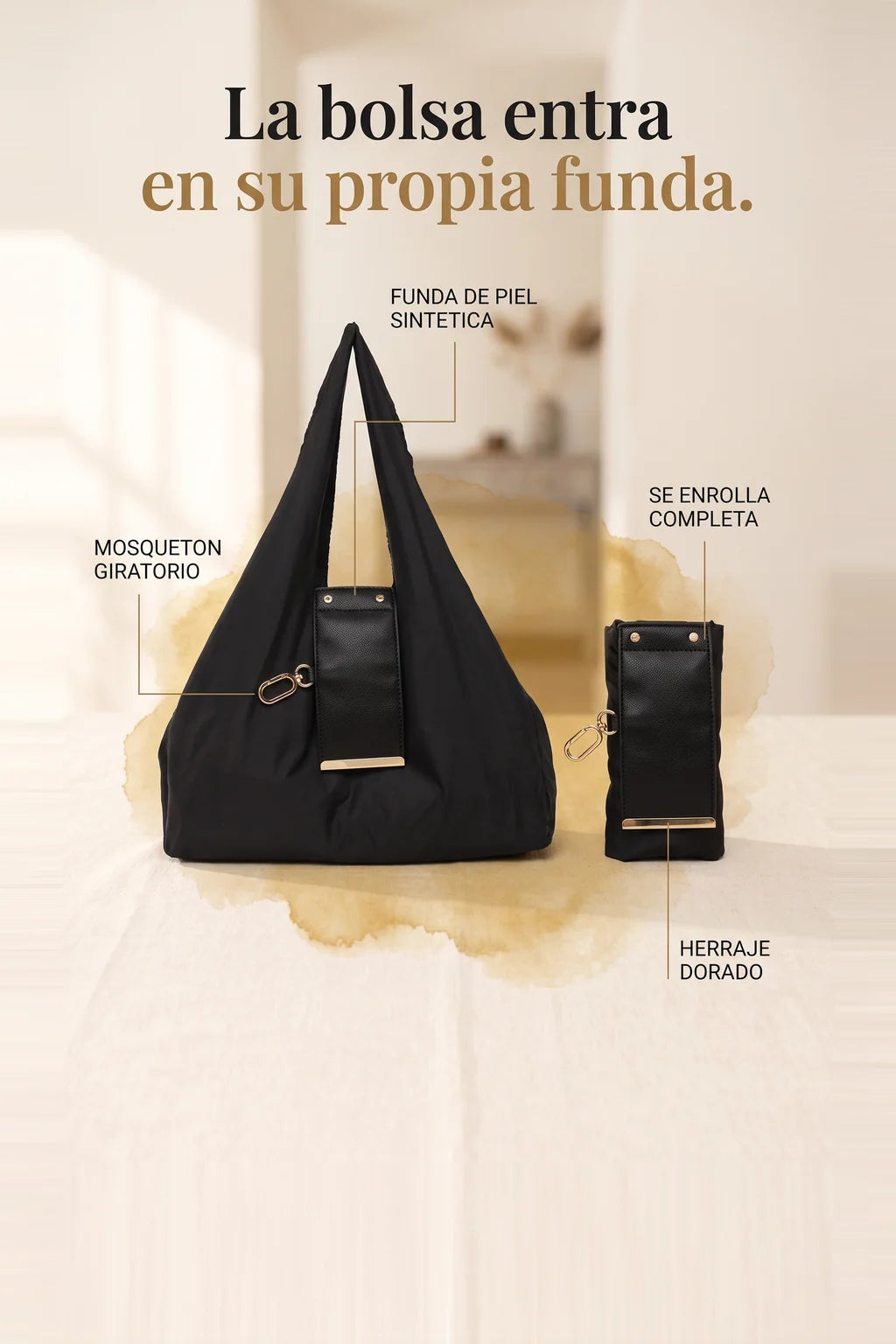 La Pocket Tote abierta junto a su funda de piel, con sus partes señaladas